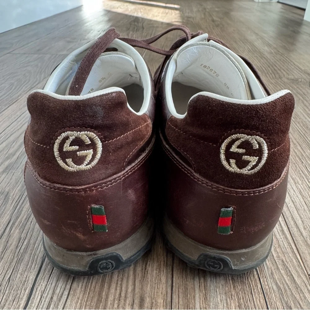 Gucci Men's Brown Leather Monogram Sneakers Size 8.5